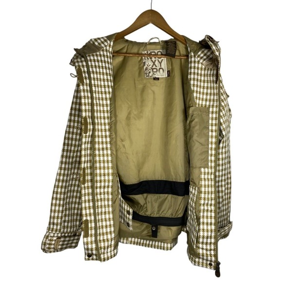 Roxy 5000 Snow Jacket Women Large Gold Cream Checkered Fur Hood Long Sleeve - Picture 3 of 15